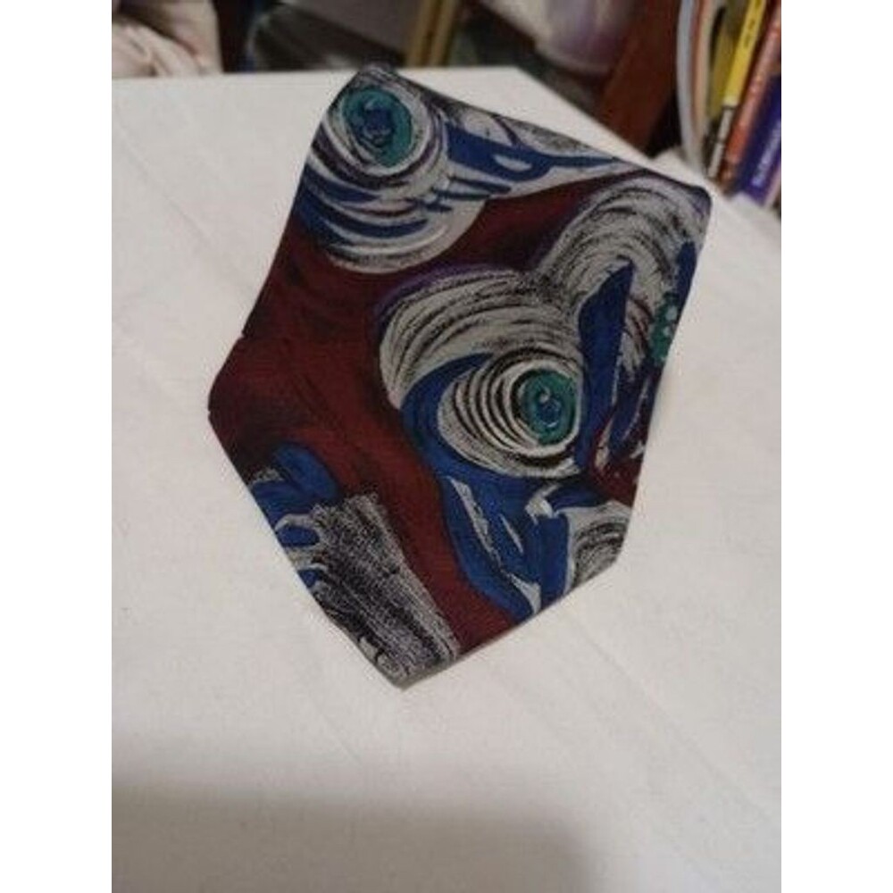 Miles Davis Silk Necktie Burgundy Blue Abstract Pattern Trumpet Signature